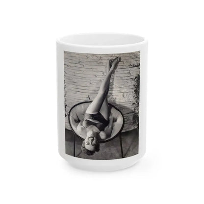 Terry Moore #711 - Vintage 1953 2-Piece B&W Full Body Barefoot Swimsuit Cheesecake Photo from 20th Century Fox Photo Shoot (Vintage Female Icon) White Coffee Mug 15oz - Go Mug Yourself