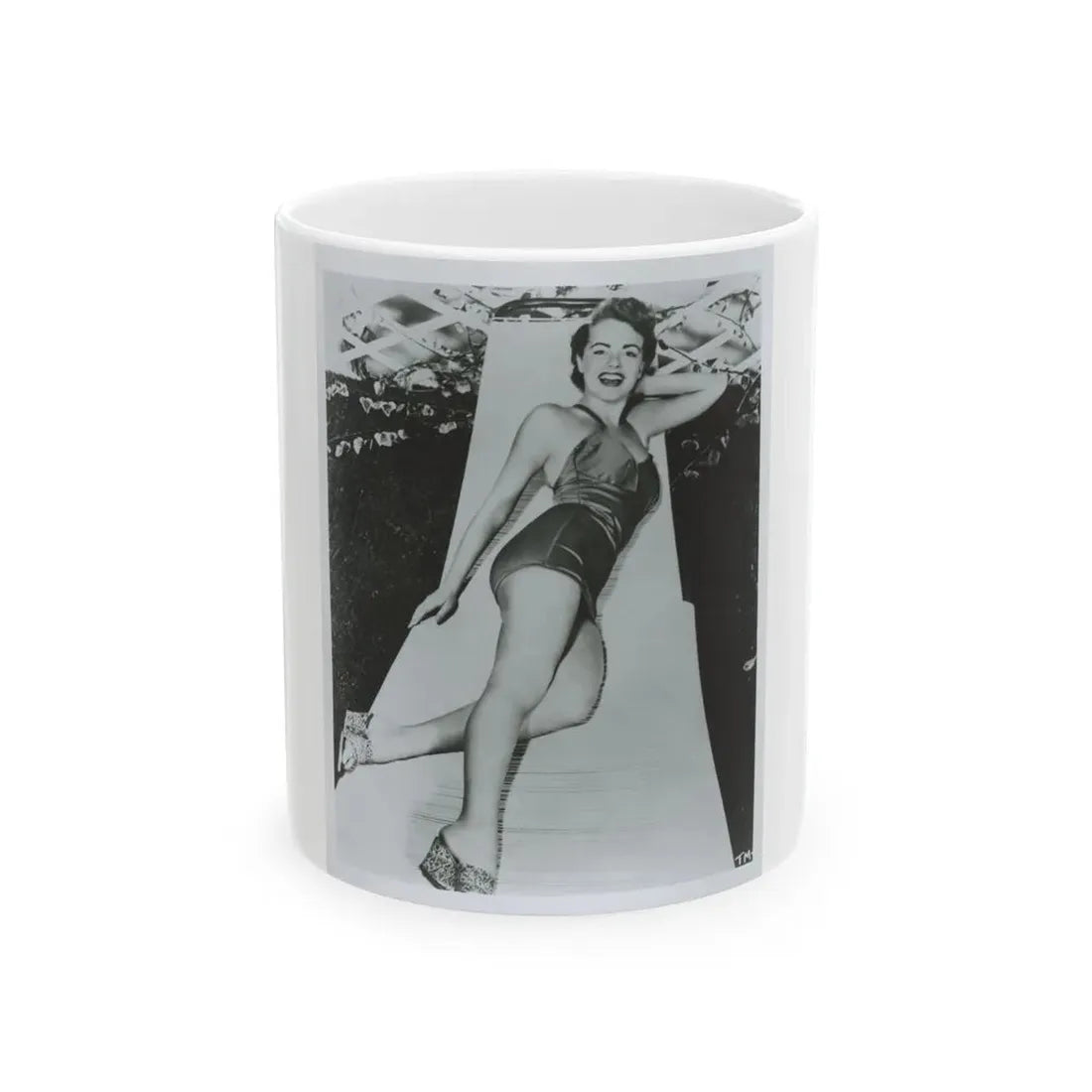 Terry Moore #712 - Vintage 1953 1-Piece B&W Full Body Swimsuit Cheesecake Photo as 8x10 (Vintage Female Icon) White Coffee Mug 11oz - Go Mug Yourself
