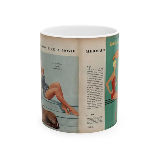 Terry Moore #725 - 2 Pages with, 1 Full Body Swimsuit Cheesecake Color Pin-Up, Caption & Article from Photoplay Mag. '53 (Vintage Female Icon) White Coffee Mug 11oz - Go Mug Yourself
