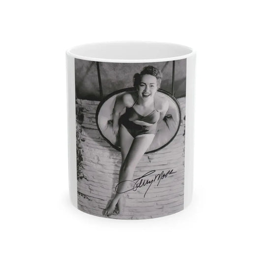 Terry Moore #732 - 8x10 1953 B&W Two Piece Full Body Swimsuit Barefoot Cheesecake Photo from 20th Century Fox Photo Shoot1 (Vintage Female Icon) White Coffee Mug 11oz - Go Mug Yourself