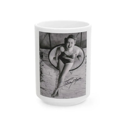 Terry Moore #732 - 8x10 1953 B&W Two Piece Full Body Swimsuit Barefoot Cheesecake Photo from 20th Century Fox Photo Shoot1 (Vintage Female Icon) White Coffee Mug 15oz - Go Mug Yourself