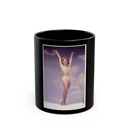 Terry Moore #742 - 1966 Color 2-Piece Swimsuit Cheesecake Photo in Open Gold Sandal Heels signed (Vintage Female Icon) Black Coffee Mug 11oz - Go Mug Yourself