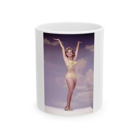 Terry Moore #742 - 1966 Color 2-Piece Swimsuit Cheesecake Photo in Open Gold Sandal Heels signed (Vintage Female Icon) White Coffee Mug 11oz - Go Mug Yourself