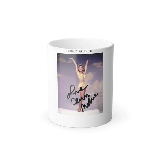 Terry Moore #742 - 1966 Color 2-Piece Swimsuit Cheesecake Photo in Open Gold Sandal Heels signed1 (Vintage Female Icons) Color Changing Mug 11oz-11oz-Go Mug Yourself