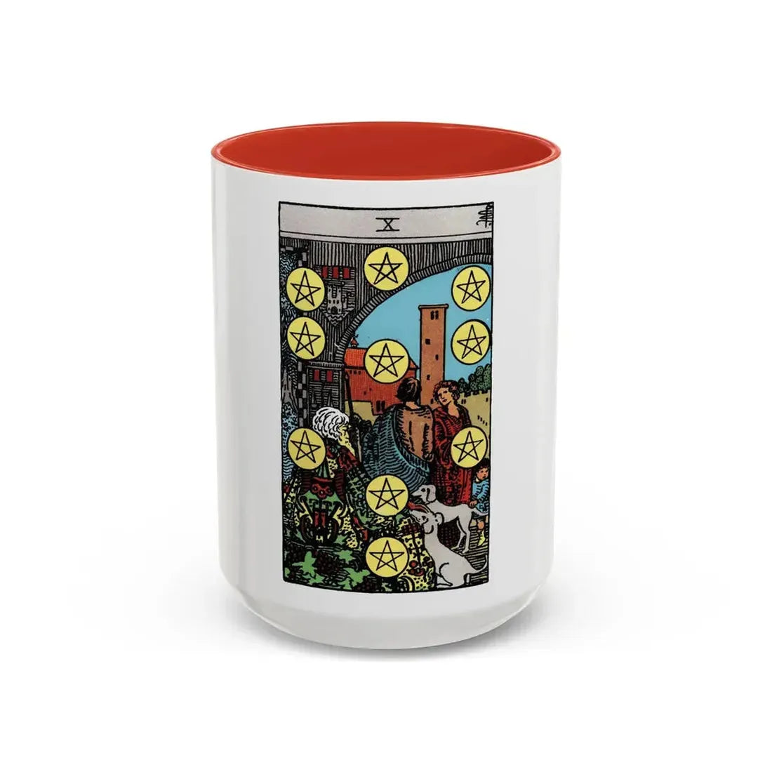 The 10 of Pentacles (Tarot Card) Accent Coffee Mug 15oz Red - Go Mug Yourself