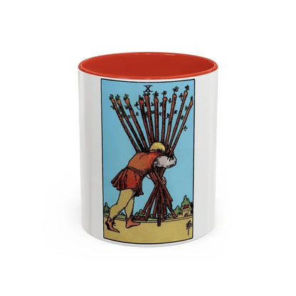 The 10 of Wands (Tarot Card) Accent Coffee Mug 11oz Red - Go Mug Yourself