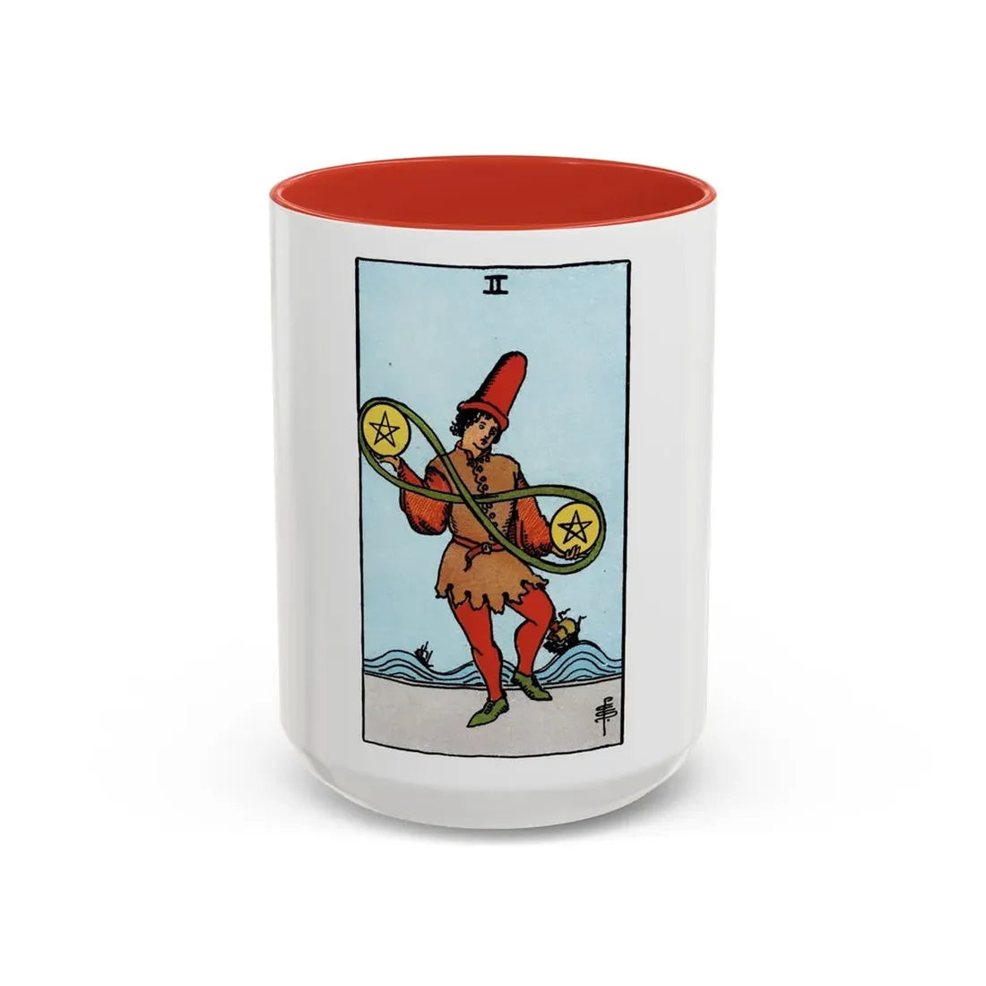 The 2 of Pentacles (Tarot Card) Accent Coffee Mug 15oz Red - Go Mug Yourself