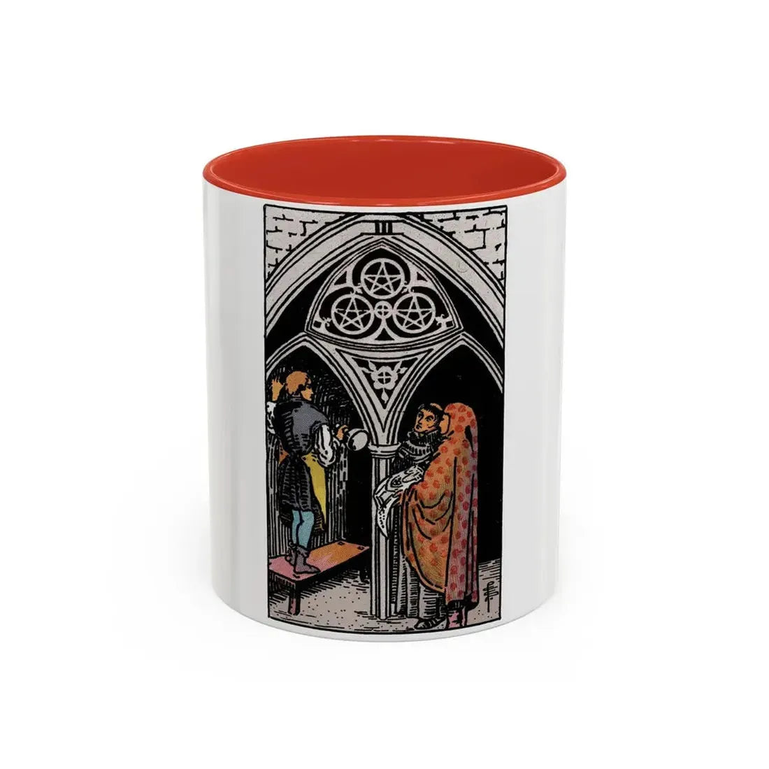 The 3 of Pentacles (Tarot Card) Accent Coffee Mug 11oz Red - Go Mug Yourself