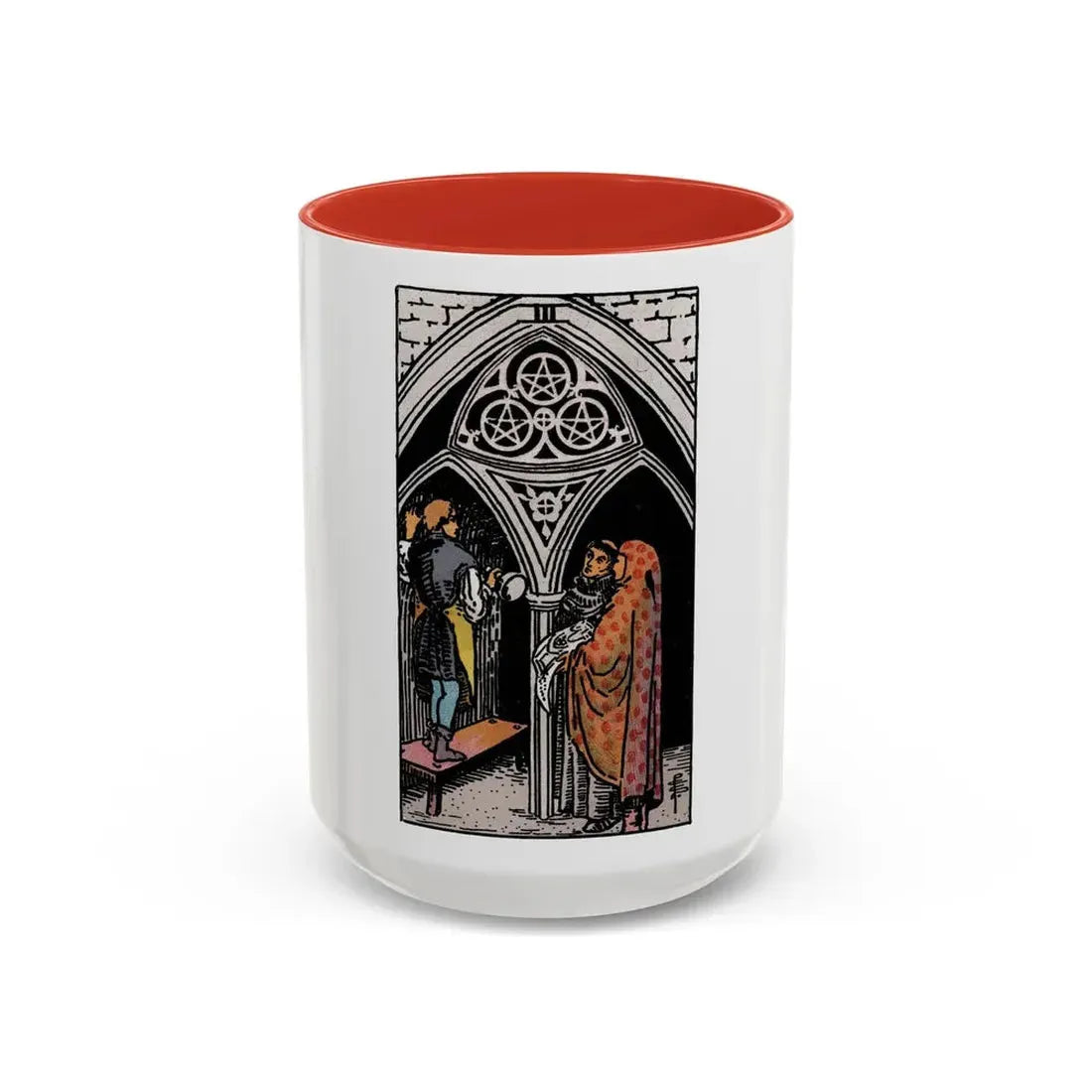 The 3 of Pentacles (Tarot Card) Accent Coffee Mug 15oz Red - Go Mug Yourself