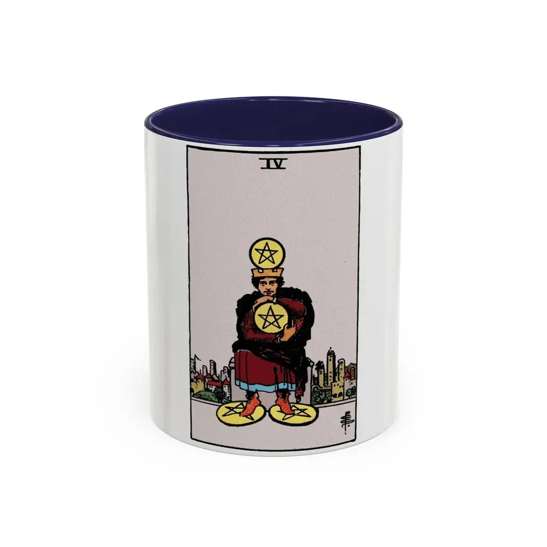 The 4 of Pentacles (Tarot Card) Accent Coffee Mug 11oz Navy - Go Mug Yourself