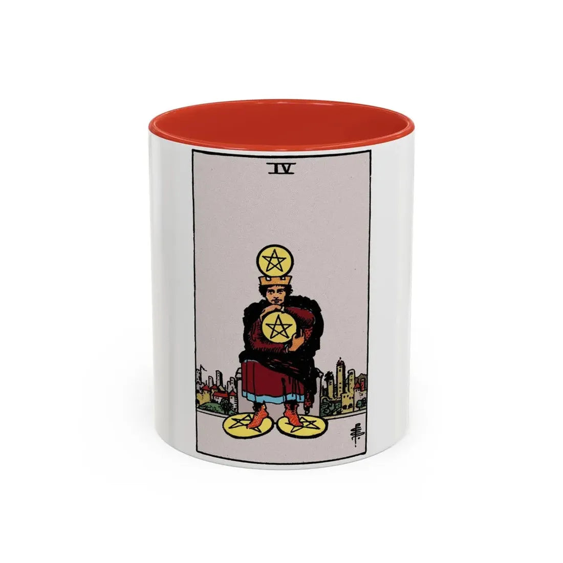 The 4 of Pentacles (Tarot Card) Accent Coffee Mug 11oz Red - Go Mug Yourself