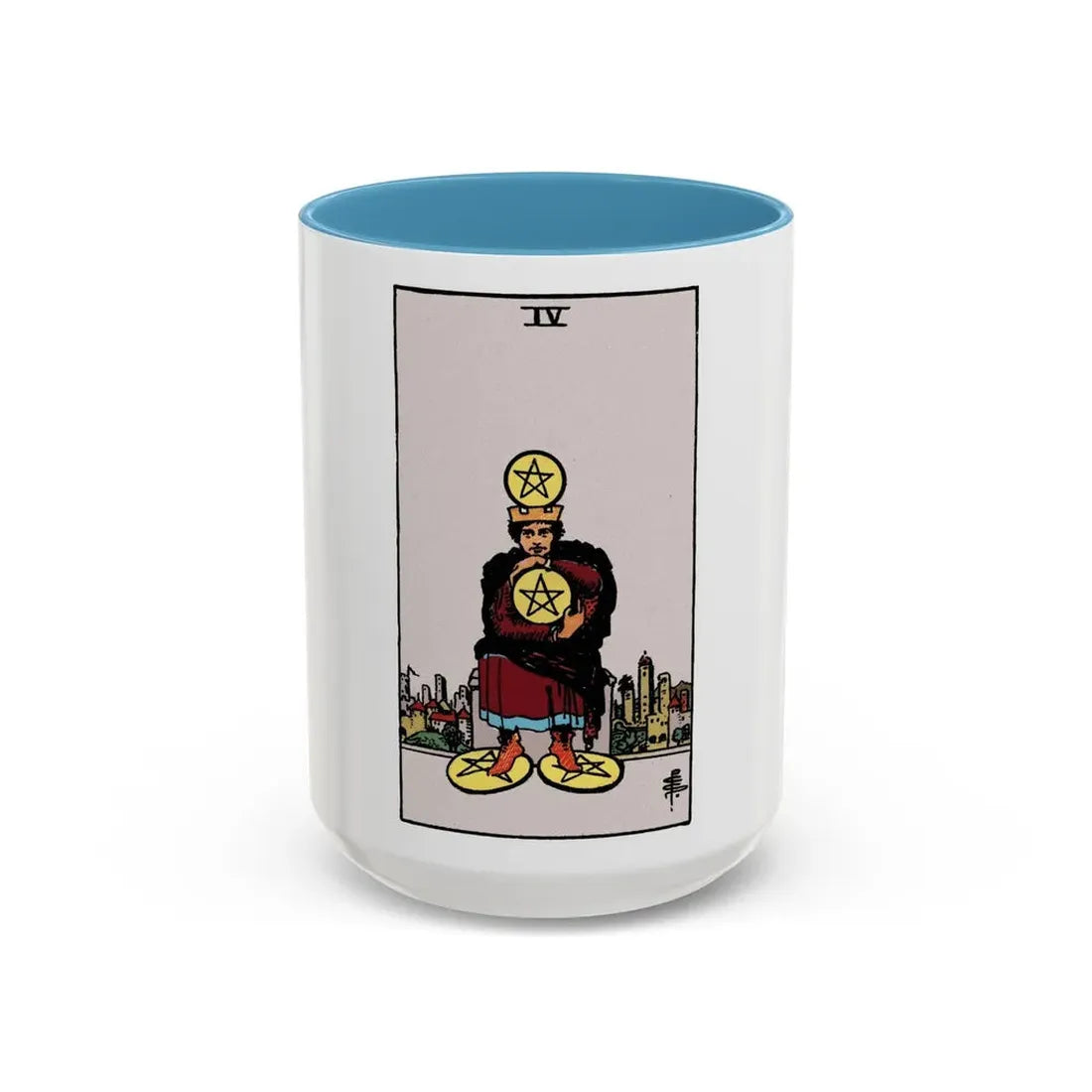 The 4 of Pentacles (Tarot Card) Accent Coffee Mug 15oz Light Blue - Go Mug Yourself