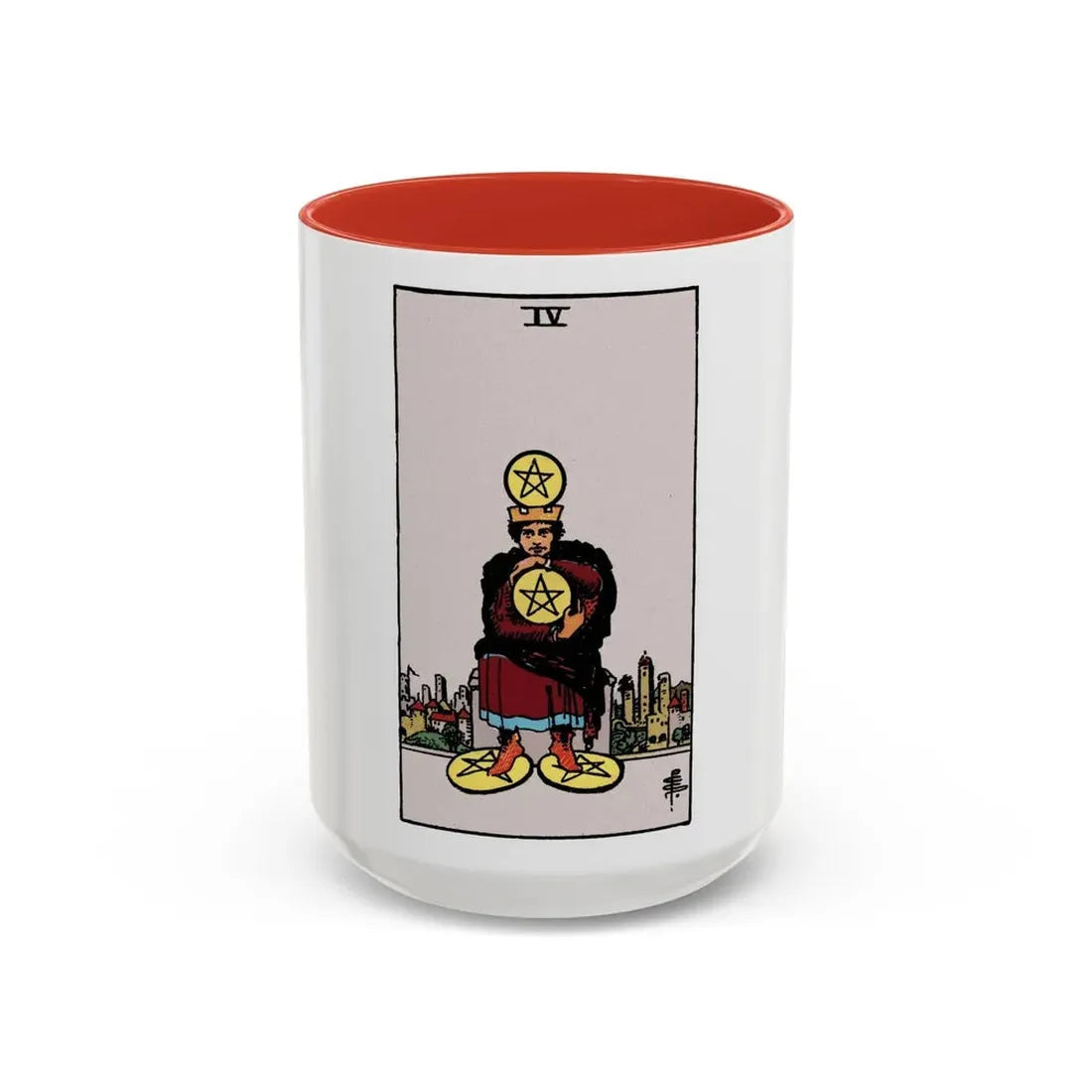 The 4 of Pentacles (Tarot Card) Accent Coffee Mug 15oz Red - Go Mug Yourself