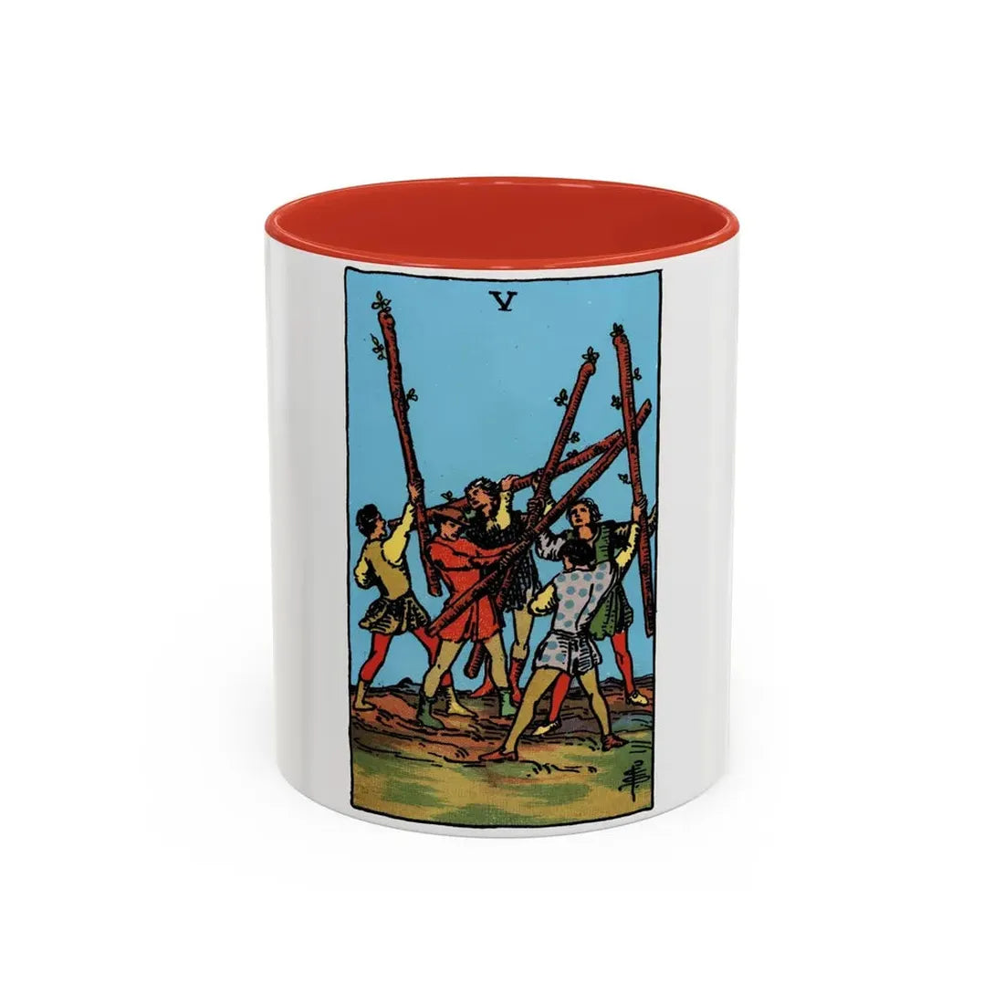 The 5 of Wands (Tarot Card) Accent Coffee Mug 11oz Red - Go Mug Yourself
