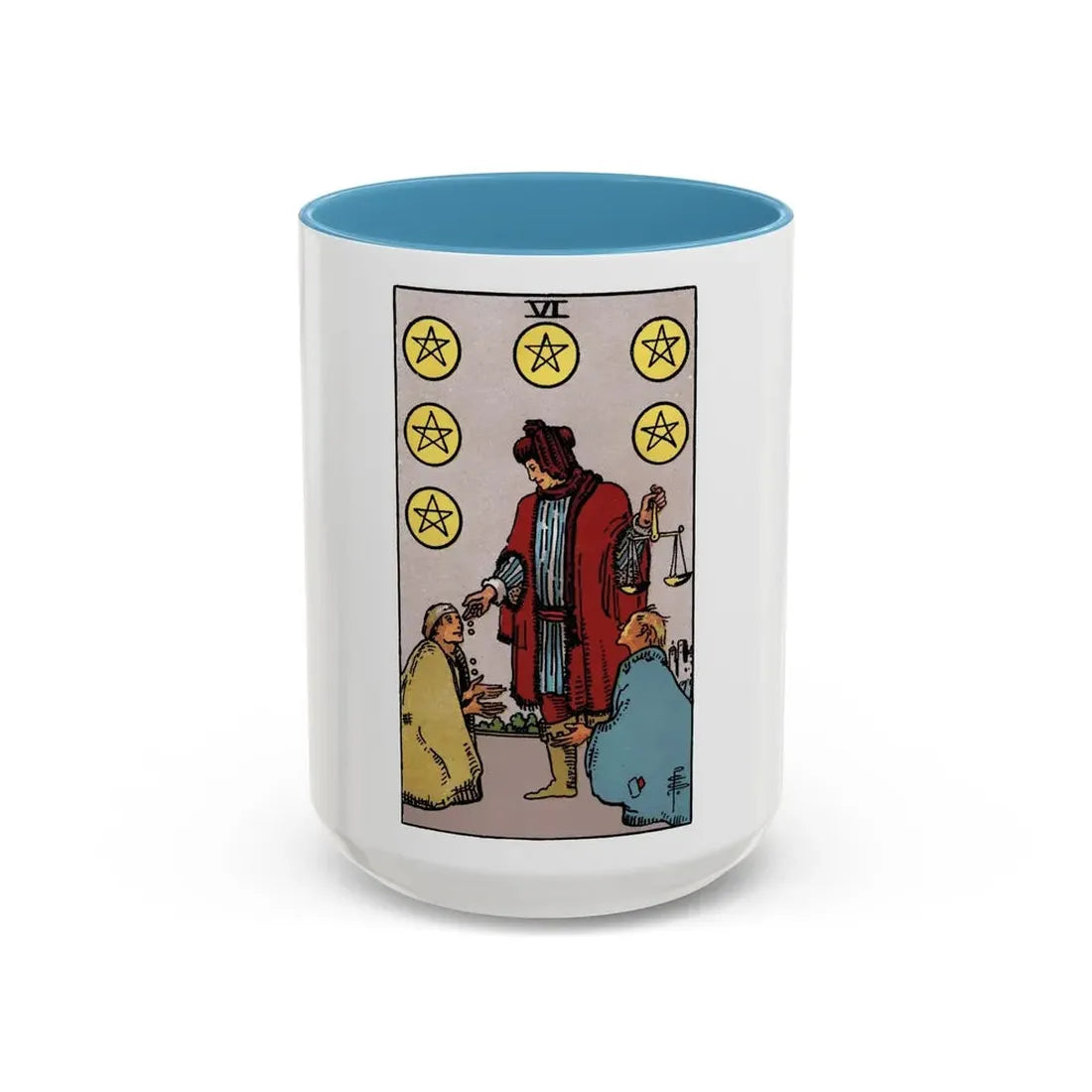 The 6 of Pentacles (Tarot Card) Accent Coffee Mug 15oz Light Blue - Go Mug Yourself