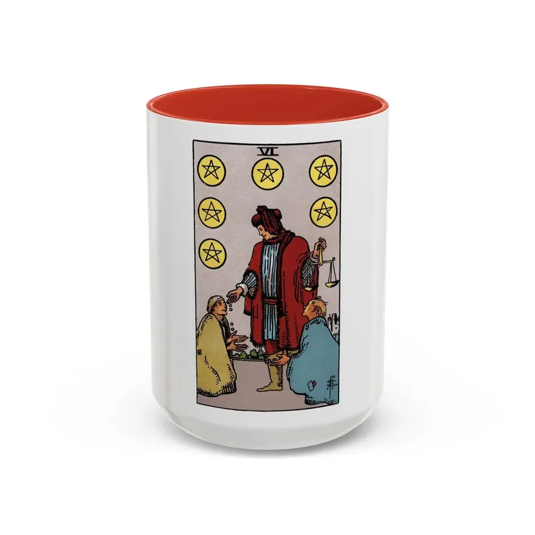 The 6 of Pentacles (Tarot Card) Accent Coffee Mug 15oz Red - Go Mug Yourself