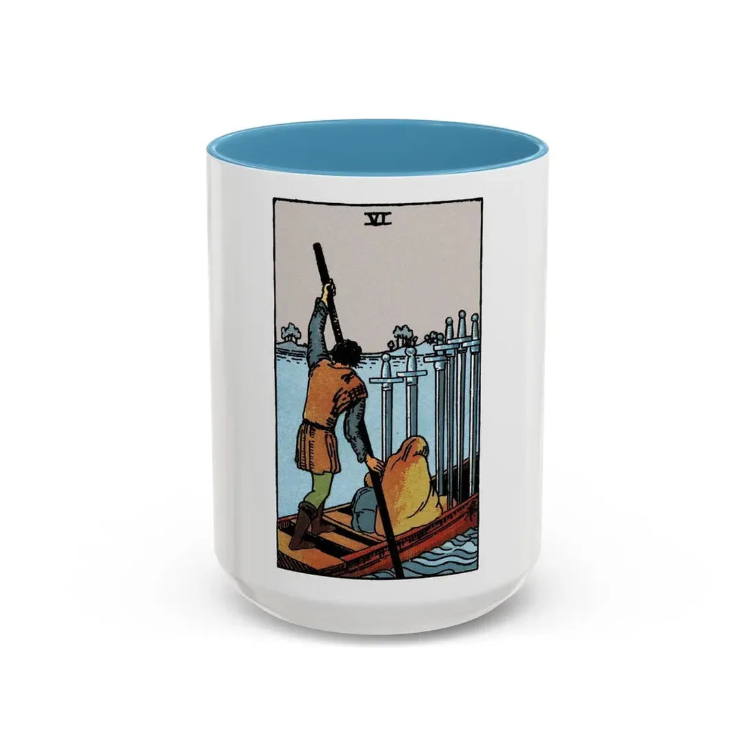 The 6 of Swords (Tarot Card) Accent Coffee Mug 15oz Light Blue - Go Mug Yourself