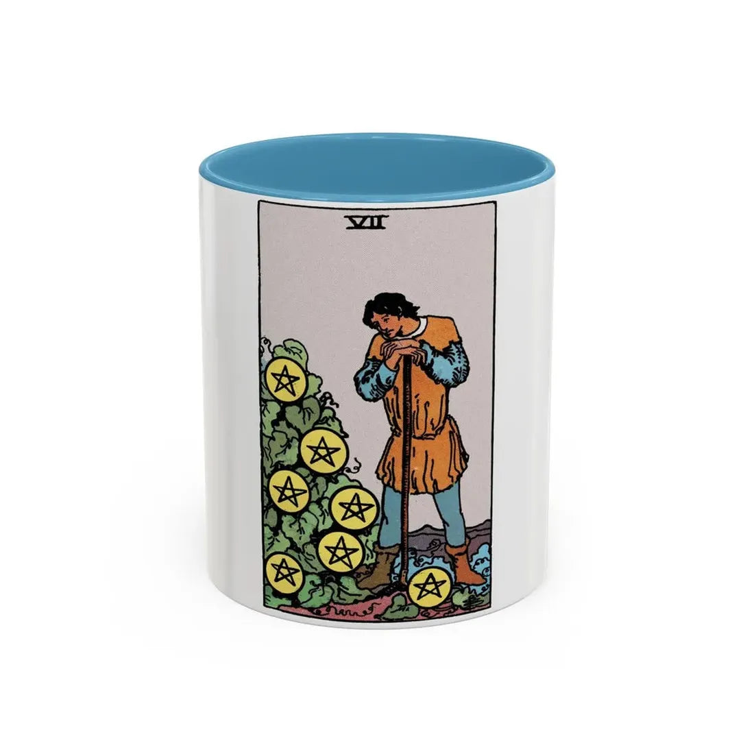 The 7 of Pentacles (Tarot Card) Accent Coffee Mug 11oz Light Blue - Go Mug Yourself