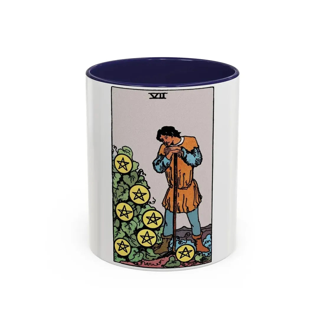 The 7 of Pentacles (Tarot Card) Accent Coffee Mug 11oz Navy - Go Mug Yourself