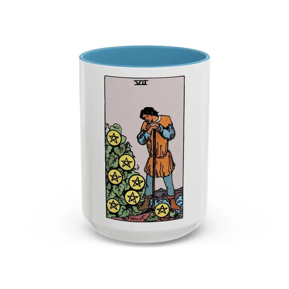 The 7 of Pentacles (Tarot Card) Accent Coffee Mug 15oz Light Blue - Go Mug Yourself