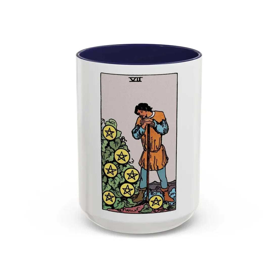 The 7 of Pentacles (Tarot Card) Accent Coffee Mug 15oz Navy - Go Mug Yourself