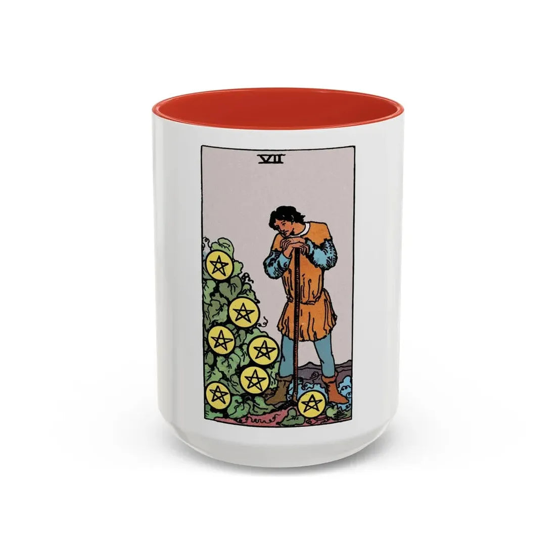 The 7 of Pentacles (Tarot Card) Accent Coffee Mug 15oz Red - Go Mug Yourself