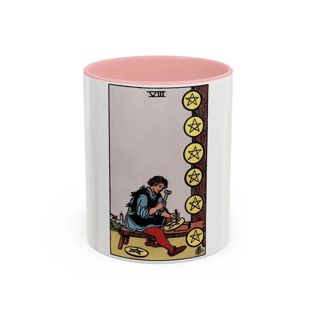 The 8 of Pentacles (Tarot Card) Accent Coffee Mug 11oz Pink - Go Mug Yourself