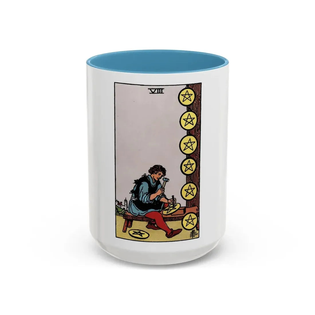 The 8 of Pentacles (Tarot Card) Accent Coffee Mug 15oz Light Blue - Go Mug Yourself