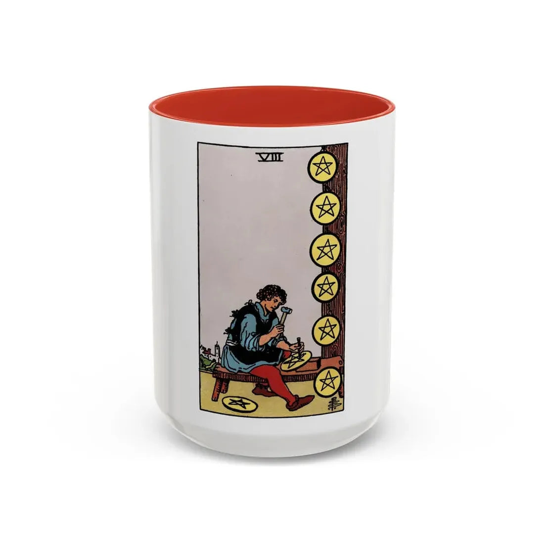 The 8 of Pentacles (Tarot Card) Accent Coffee Mug 15oz Red - Go Mug Yourself