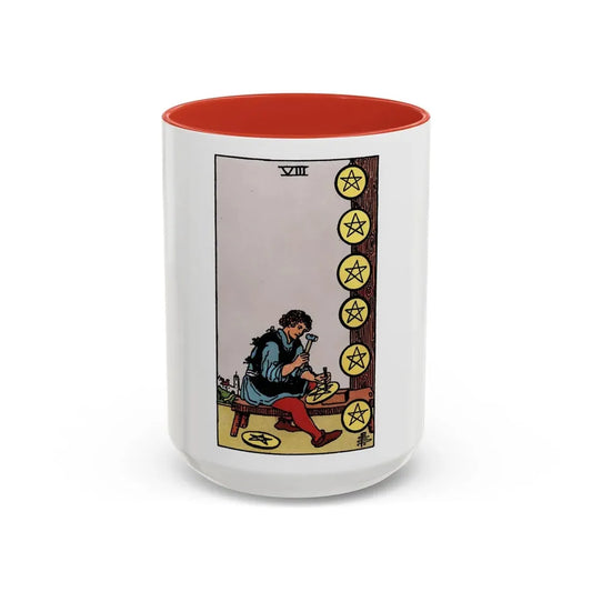 The 8 of Pentacles (Tarot Card) Accent Coffee Mug 15oz Red - Go Mug Yourself