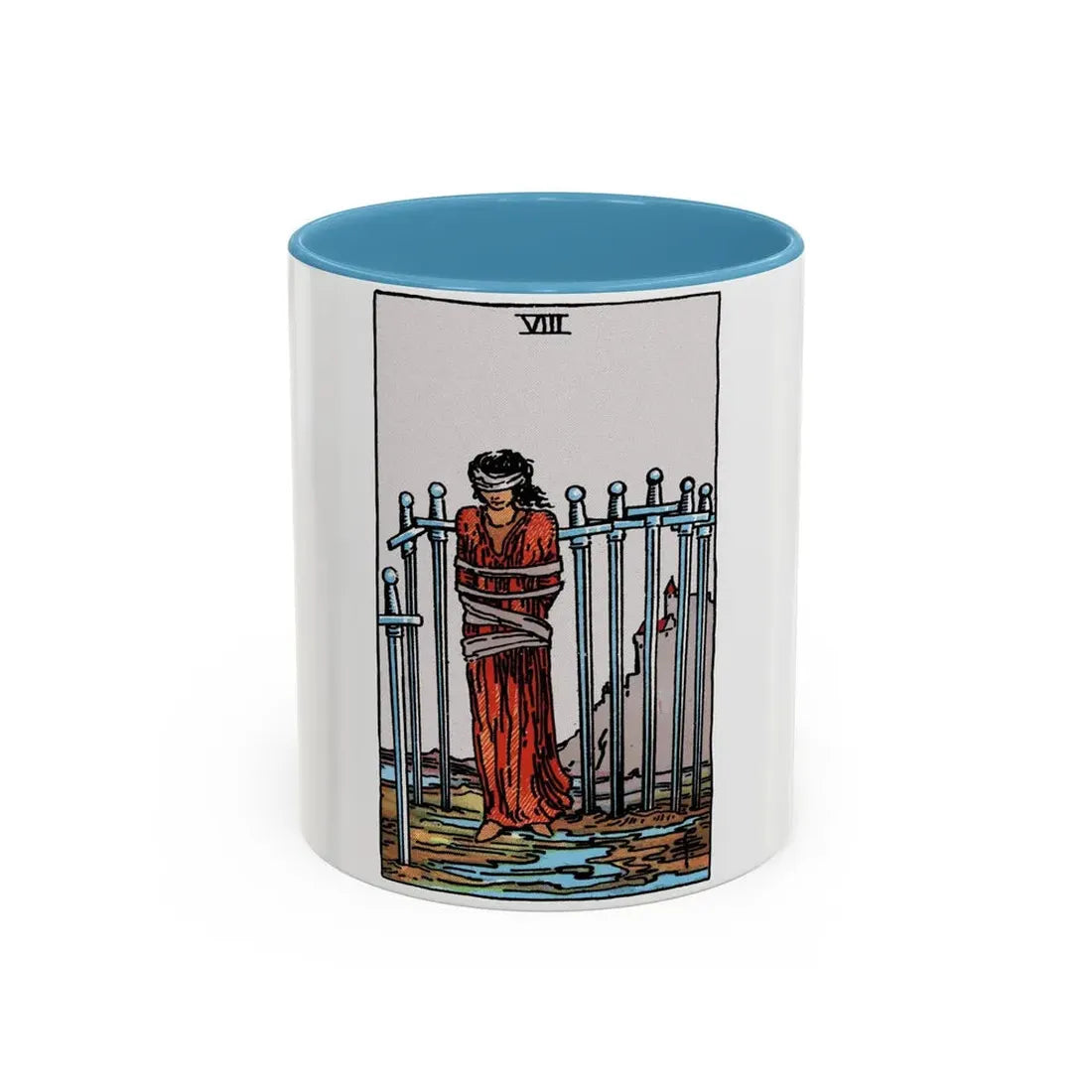 The 8 of Swords (Tarot Card) Accent Coffee Mug 11oz Light Blue - Go Mug Yourself