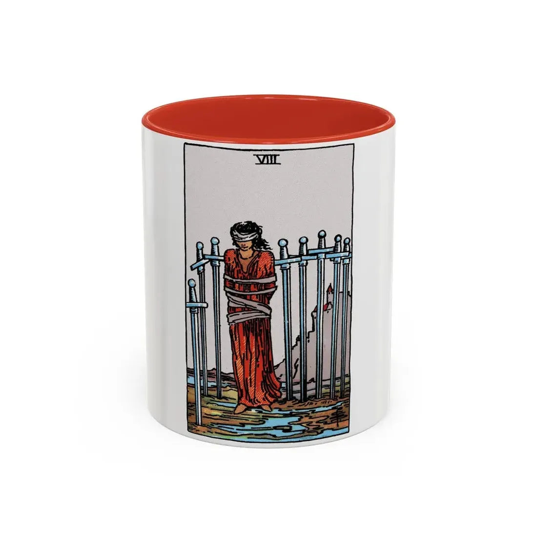 The 8 of Swords (Tarot Card) Accent Coffee Mug 11oz Red - Go Mug Yourself