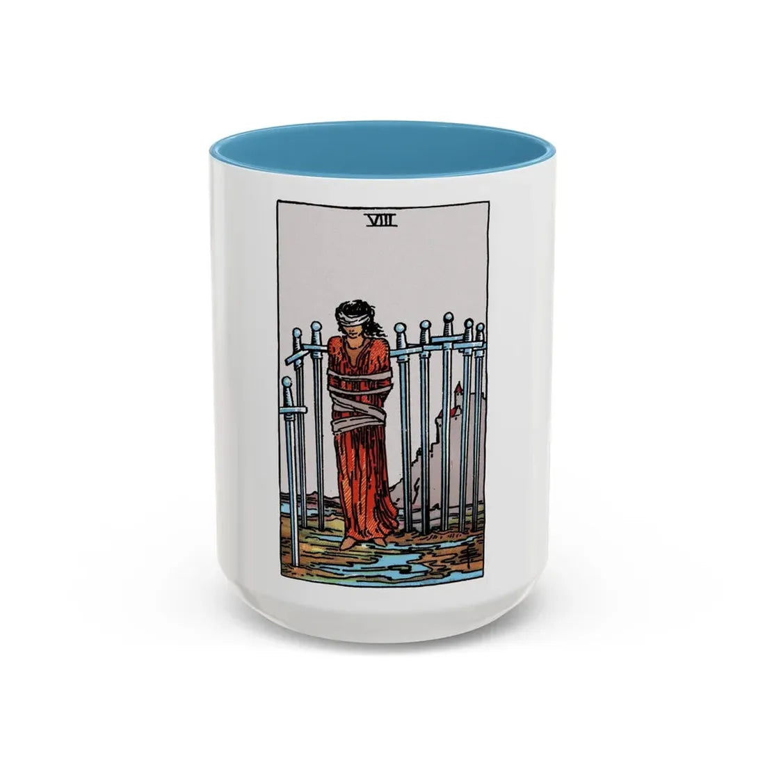 The 8 of Swords (Tarot Card) Accent Coffee Mug 15oz Light Blue - Go Mug Yourself