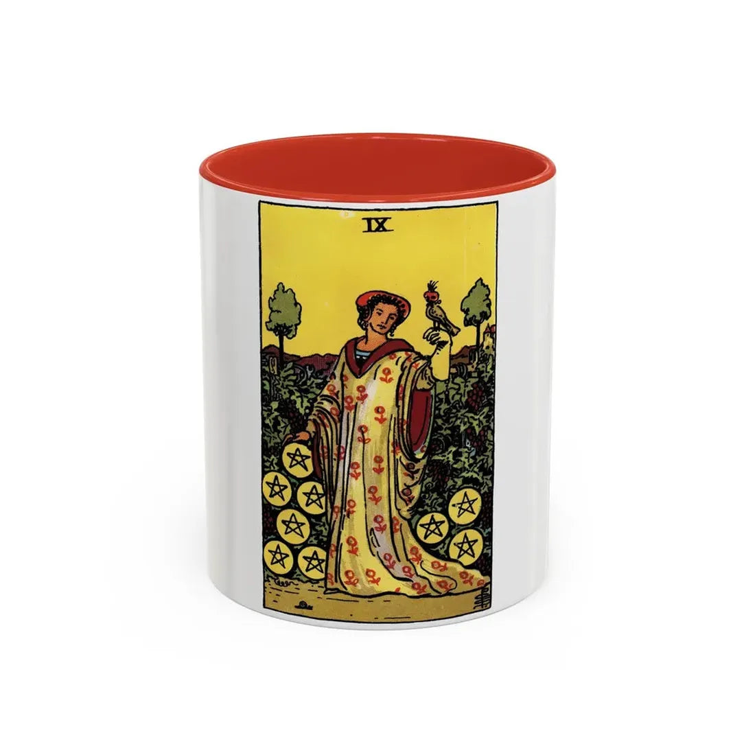 The 9 of Pentacles (Tarot Card) Accent Coffee Mug 11oz Red - Go Mug Yourself