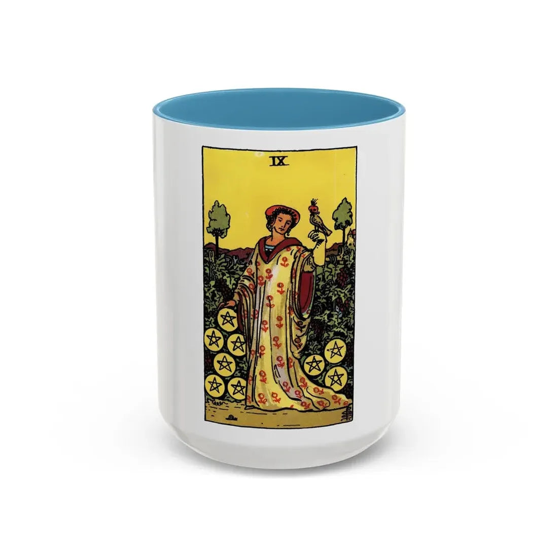 The 9 of Pentacles (Tarot Card) Accent Coffee Mug 15oz Light Blue - Go Mug Yourself