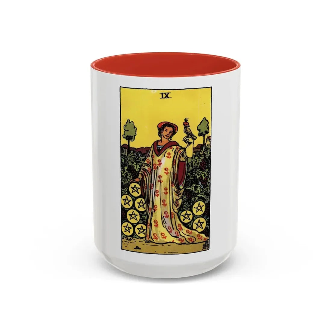 The 9 of Pentacles (Tarot Card) Accent Coffee Mug 15oz Red - Go Mug Yourself