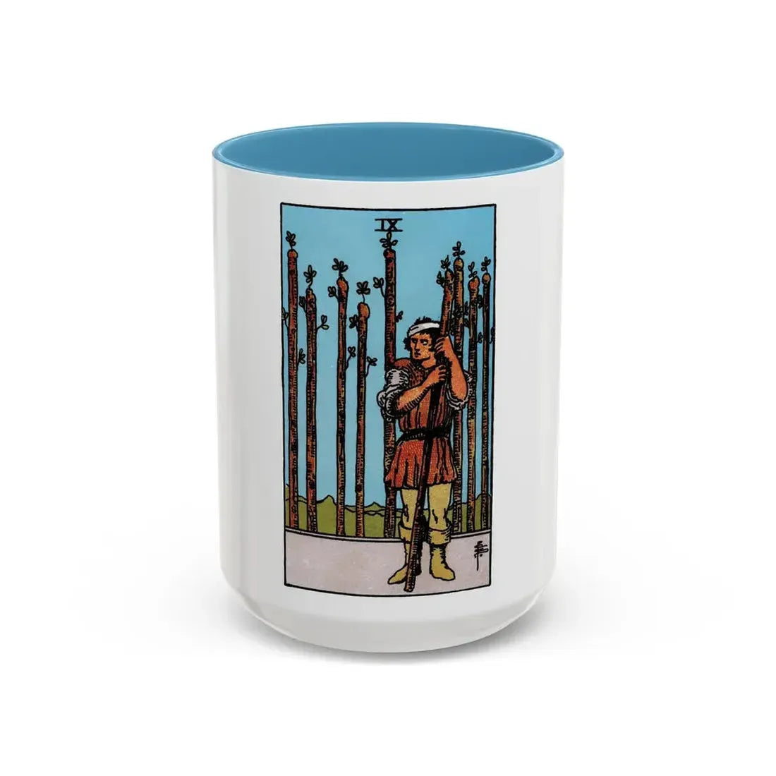 The 9 of Wands (Tarot Card) Accent Coffee Mug 15oz Light Blue - Go Mug Yourself