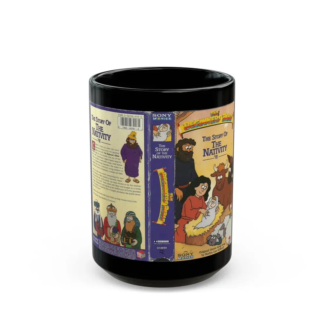 THE BEGINNERS BIBLE THE STORY OF THE NATIVITY (VHS COVER) - Black Coffee Mug 15oz - Go Mug Yourself
