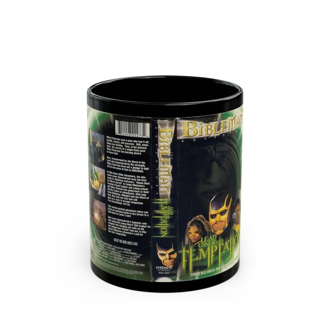 THE BIBLEMAN ADVENTURES LEAD US NOT INTO TEMPTATION (VHS COVER) - Black Coffee Mug 11oz - Go Mug Yourself