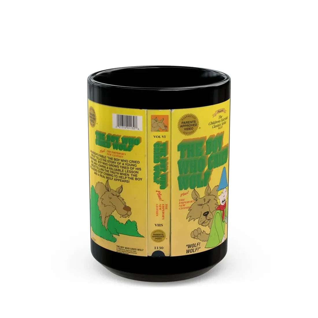 THE BOY WHO CRIED WOLF PLUS THE EMPERORS NEW CLOTHES (VHS COVER) - Black Coffee Mug 15oz - Go Mug Yourself