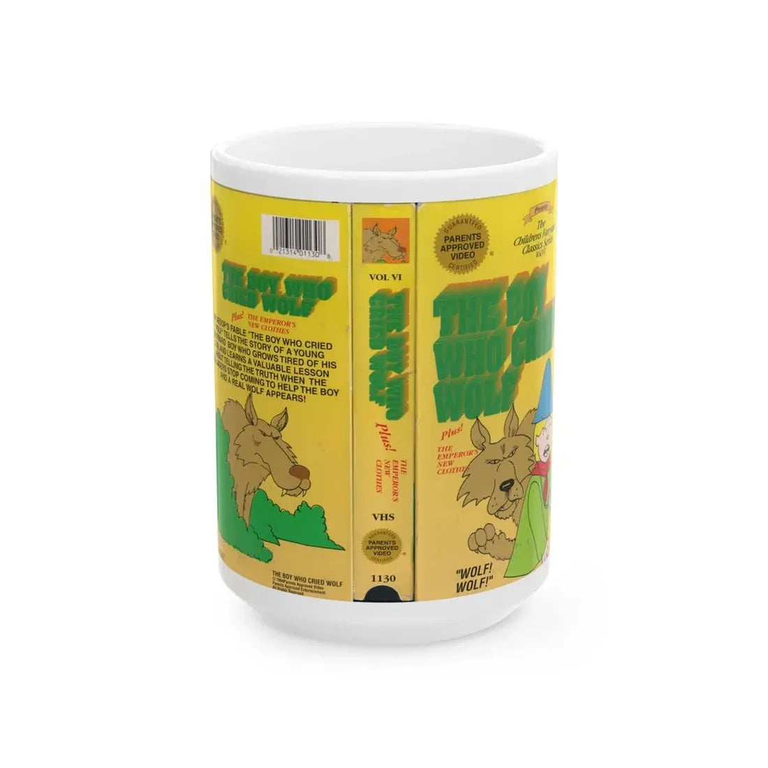 THE BOY WHO CRIED WOLF PLUS THE EMPERORS NEW CLOTHES (VHS COVER) - White Coffee Mug 15oz - Go Mug Yourself