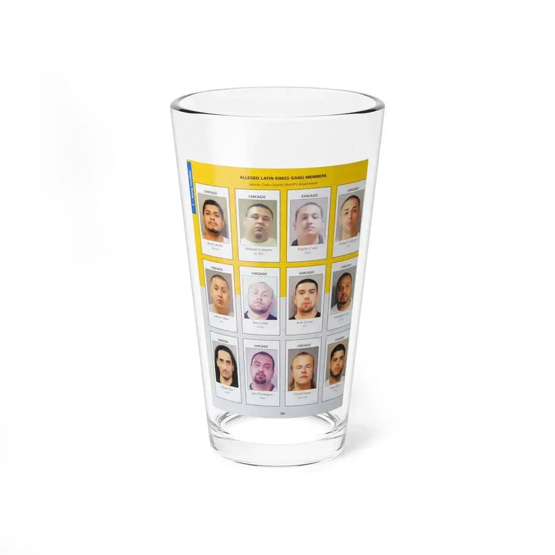 The Chicago Gang Book Page 100 - Latin Kings Members (Rah Rah, Big Will, Styles, PR, AK, Smiley, Evil, Chucky, Project Pat, Silent, O Dog) - Pint Glass 16oz - Go Mug Yourself