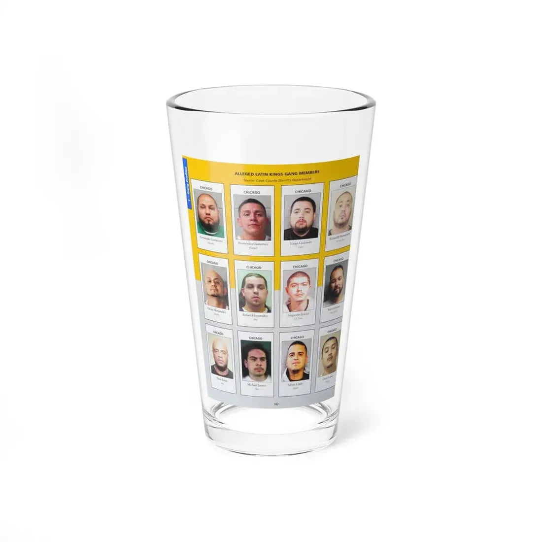 The Chicago Gang Book Page 102 - Latin Kings Members (Mundo, Puppet, Coco, Stretch, Shy, Lil Tino, Boo, Oso, Trigger) - Pint Glass 16oz 16oz - Go Mug Yourself