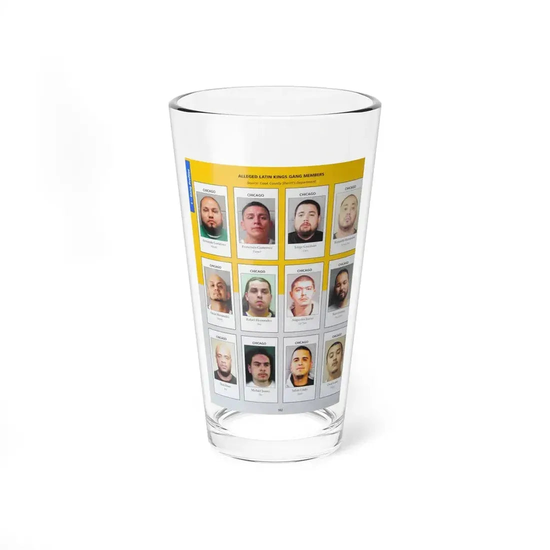 The Chicago Gang Book Page 102 - Latin Kings Members (Mundo, Puppet, Coco, Stretch, Shy, Lil Tino, Boo, Oso, Trigger) - Pint Glass 16oz - Go Mug Yourself