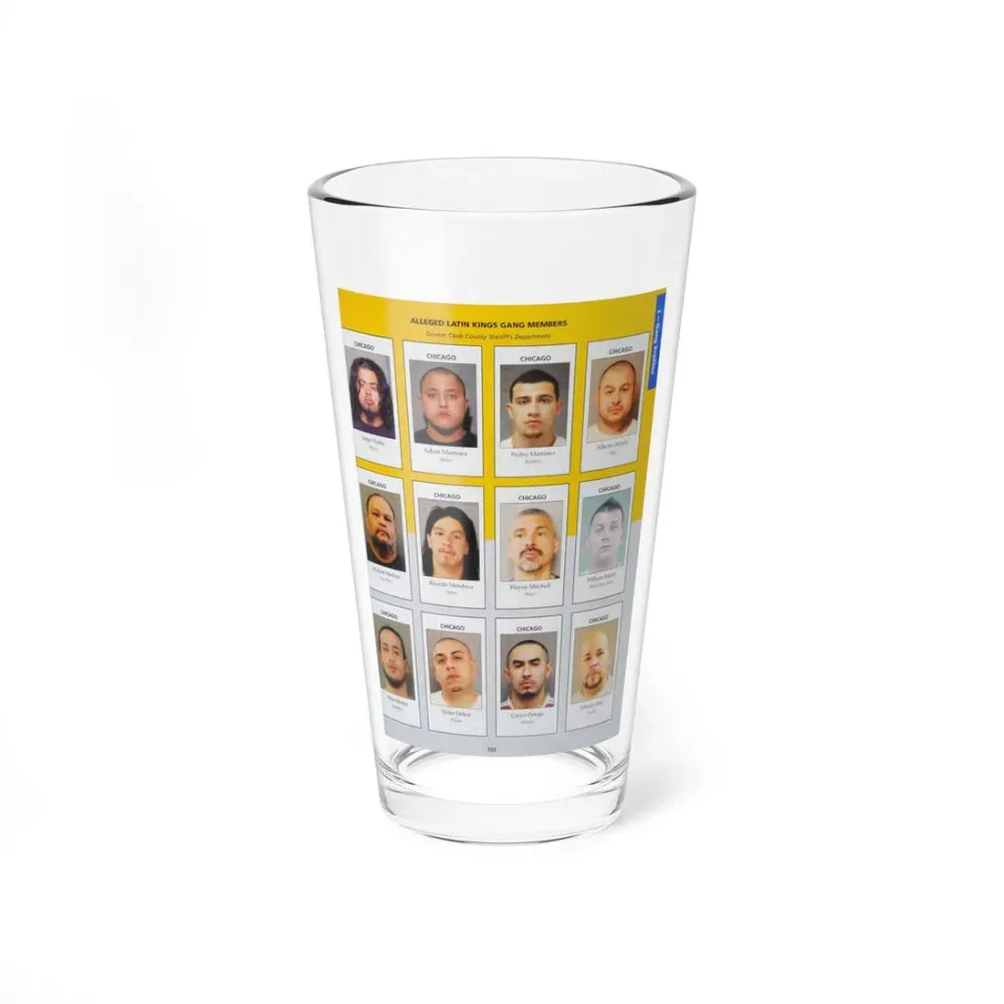 The Chicago Gang Book Page 103 - Latin Kings Members (Biggie, Minor, Reckless, Fat Mike, Nacho, Player, White Boy Willie, Brooklyn, Pigeon, Menace) - Pint Glass 16oz 16oz - Go Mug Yourself