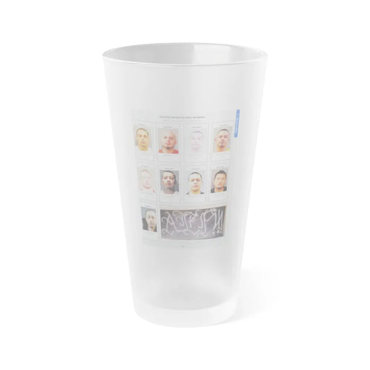 The Chicago Gang Book Page 133 - Pachucos Members (Chavello, Flacko, Horsie, Monkey, Casper, Cheeks, Gato, Bam Bam, Charlie) - Frosted Pint Glass 16oz-16oz-Frosted-Go Mug Yourself