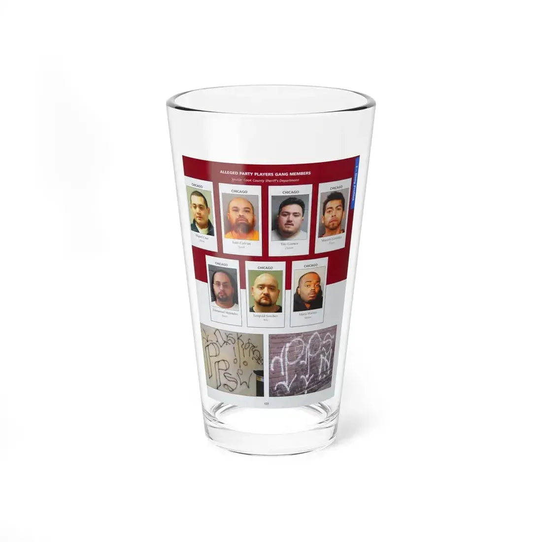 The Chicago Gang Book Page 137 - Party Players Members (Harpo, Spook, Demon, Trigger, Beaver, Bolo, Shadow) - Pint Glass 16oz - Go Mug Yourself