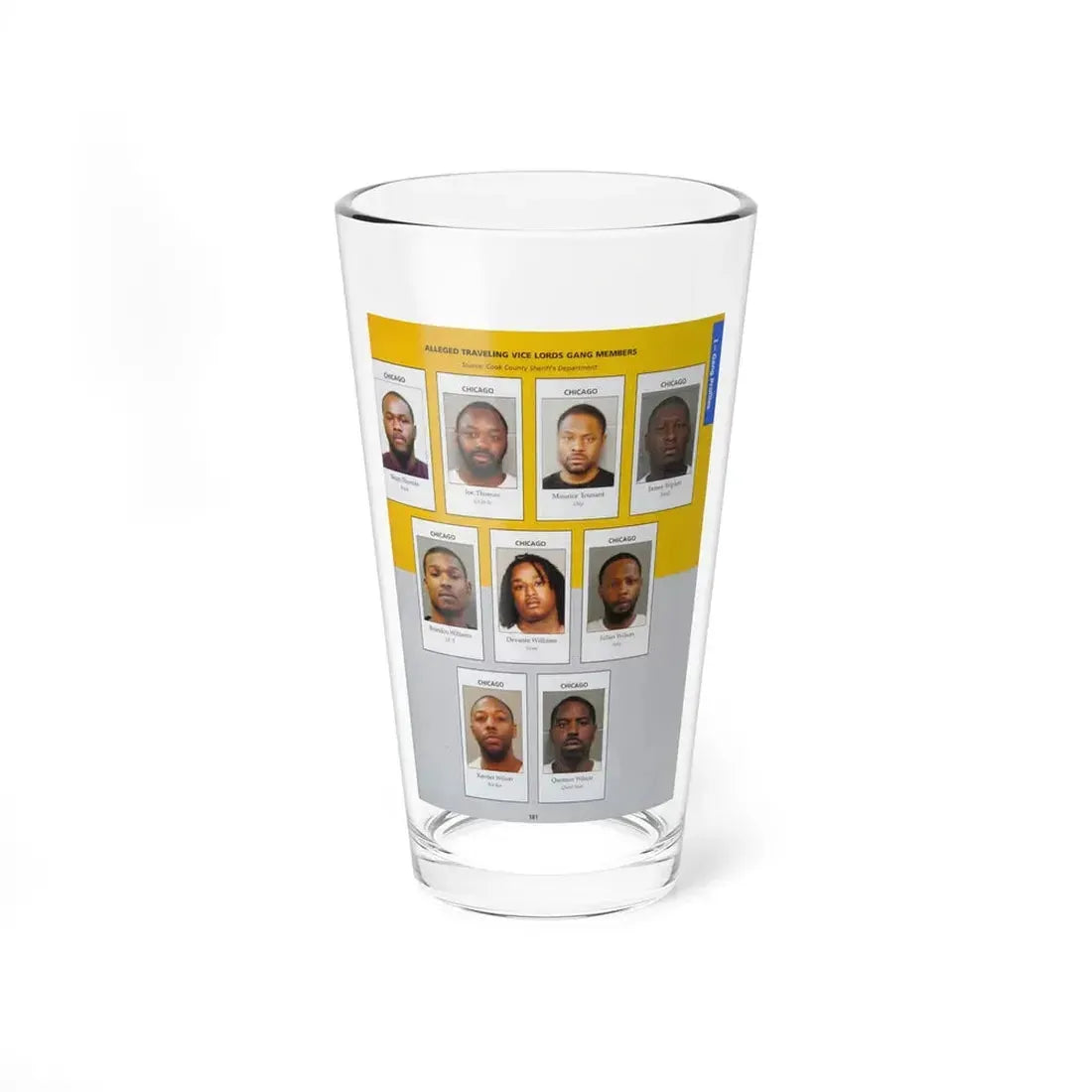 The Chicago Gang Book Page 181 - Traveling Vice Lords Members (Oily, Tabell, Vante, Juby, Quint Man) - Pint Glass 16oz - Go Mug Yourself