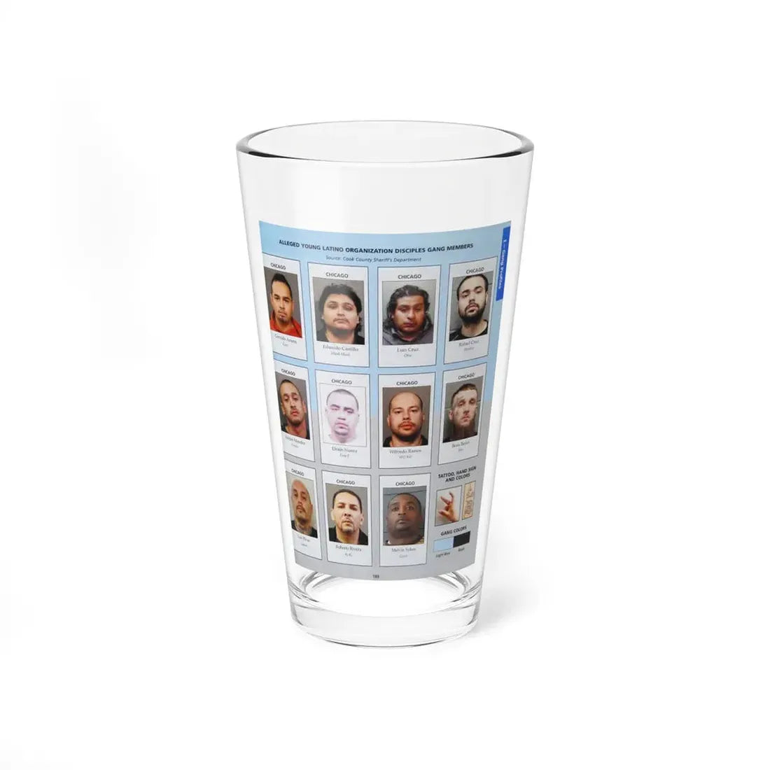 The Chicago Gang Book Page 189 - Young Latino Organization Disciples Members (Cuco, Mush Mush, Obie, Monkey, Powder, Easy E, Will Kill, Bow, Capone, Ki Ki, Cooch) - Pint Glass 16oz 16oz - Go Mug Yourself