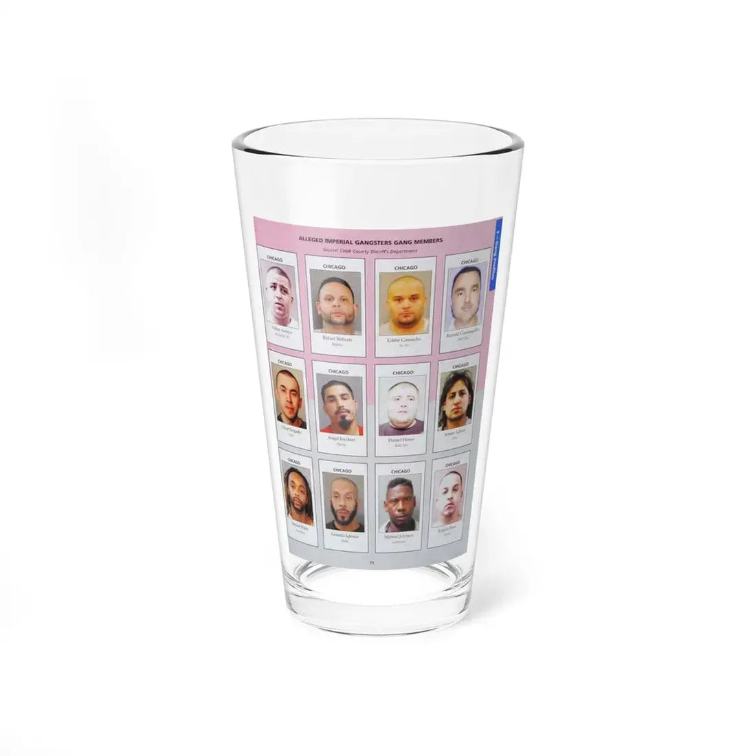The Chicago Gang Book Page 71 - Imperial Gangsters Members (Wicker, Ralphy, Nene, Mad Dog, Slick, Shorty, Kool Aid, Weto, Pow Wow, Snake, Candyman, Popeye) - Pint Glass 16oz 16oz - Go Mug Yourself